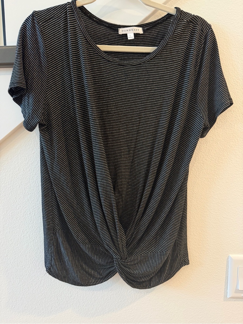 DownEast Black & White Striped Twist-Front Short Sleeve Top